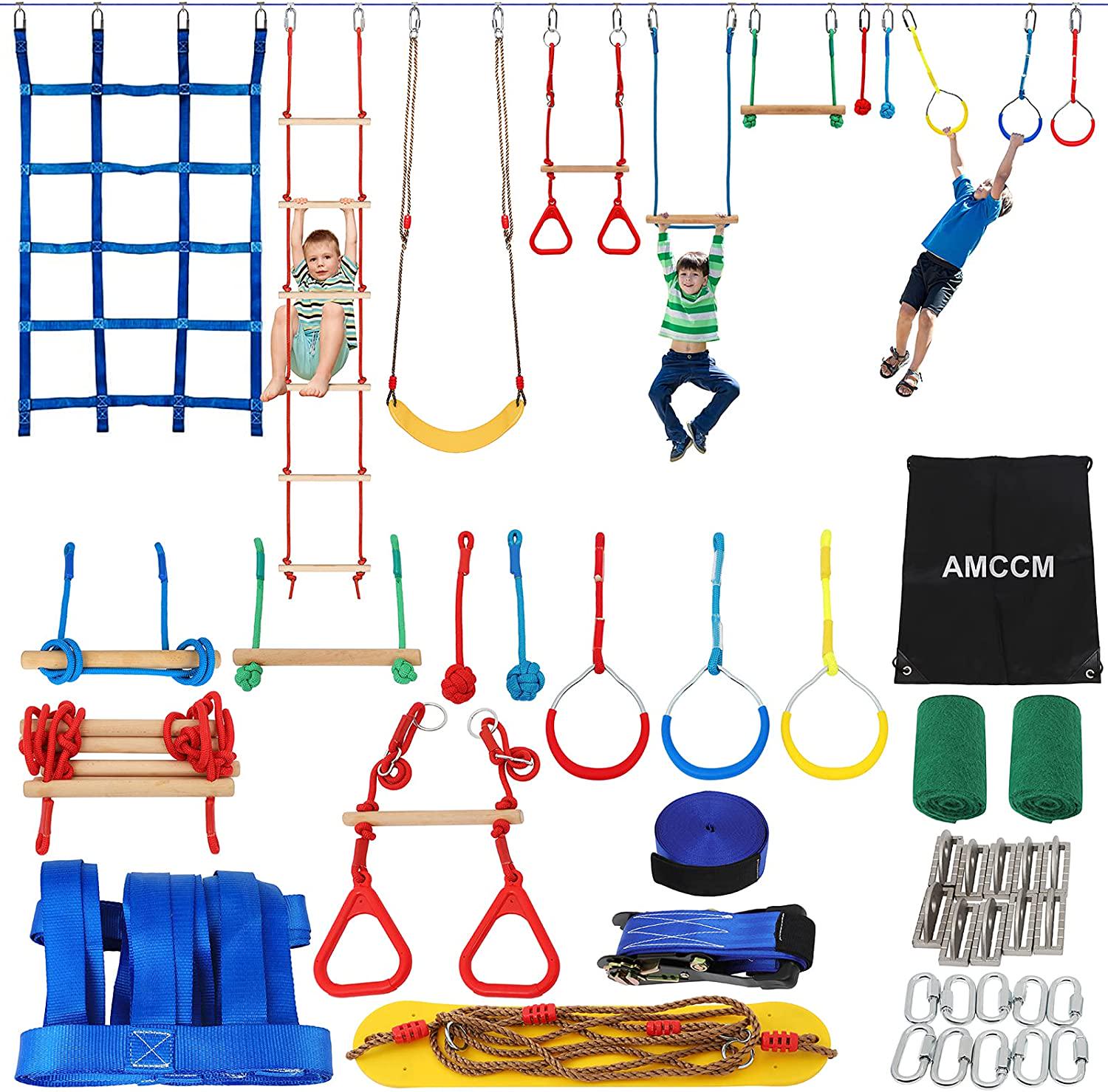 AMCCM, AMCCM Ninja Warrior Obstacle Course for Kids -Slackline Kit 65FT with 15 Sturdy Attachments Like Obstacle Net, Swing, Monkey Bar - Ninja Course for Kids Outside