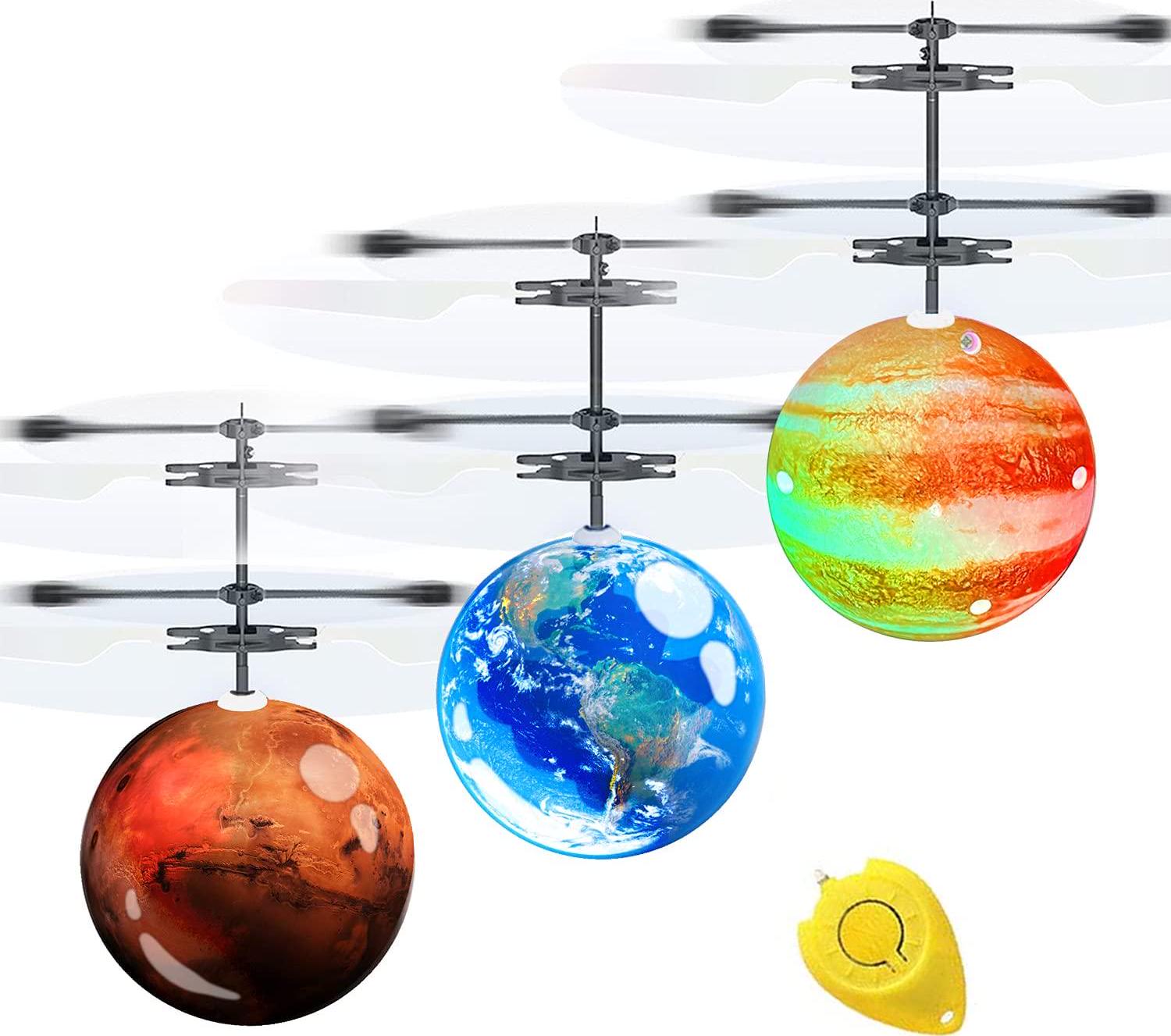 AMENON, AMENON 3 Pack Flying Ball Toys Kids Holiday Toy Christmas Birthday Gift for Boys Girl Light Up Ball Remote Control Earth Mars Jupiter Hand Operated Mini Drones Recharge Helicopter Indoor Outdoor Game