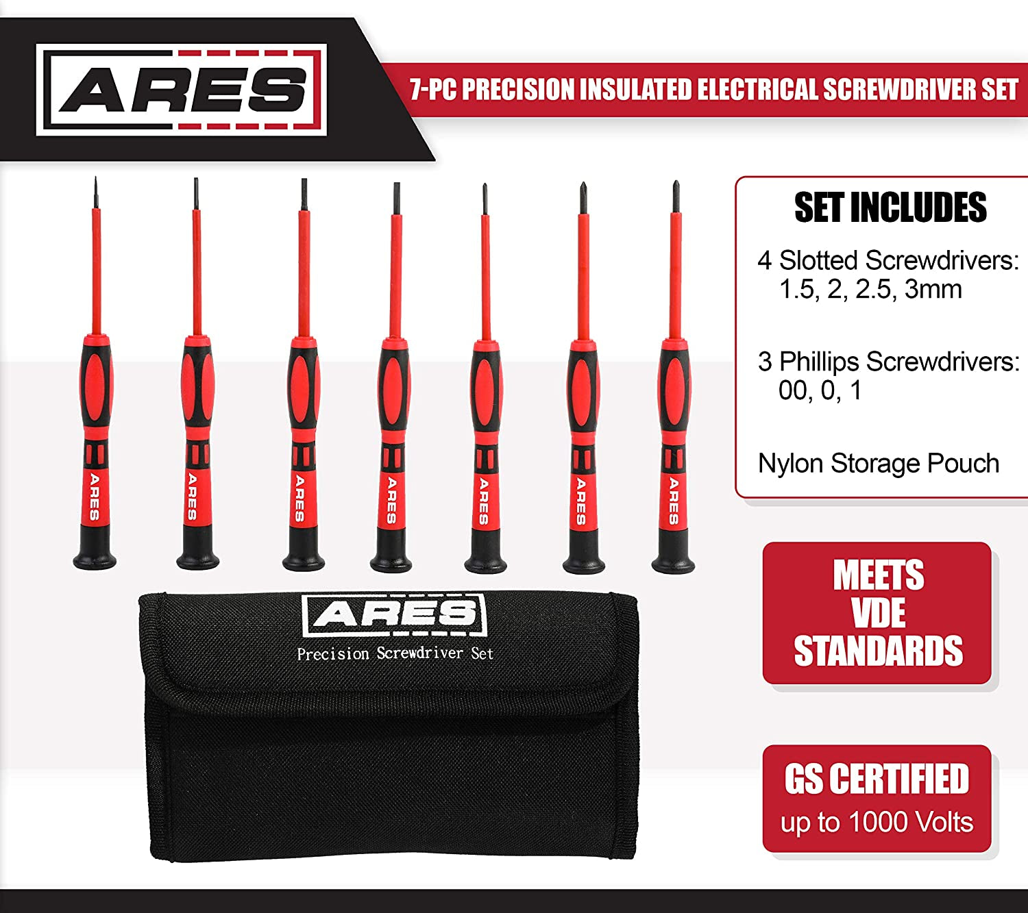 ARES, ARES 19000-7-Piece Precision Insulated Electrical Screwdriver Set - Phillips 00, 0, and 1 and Slotted 1.5, 2.0, 2.5, and 3.0Mm - Storage Case Included