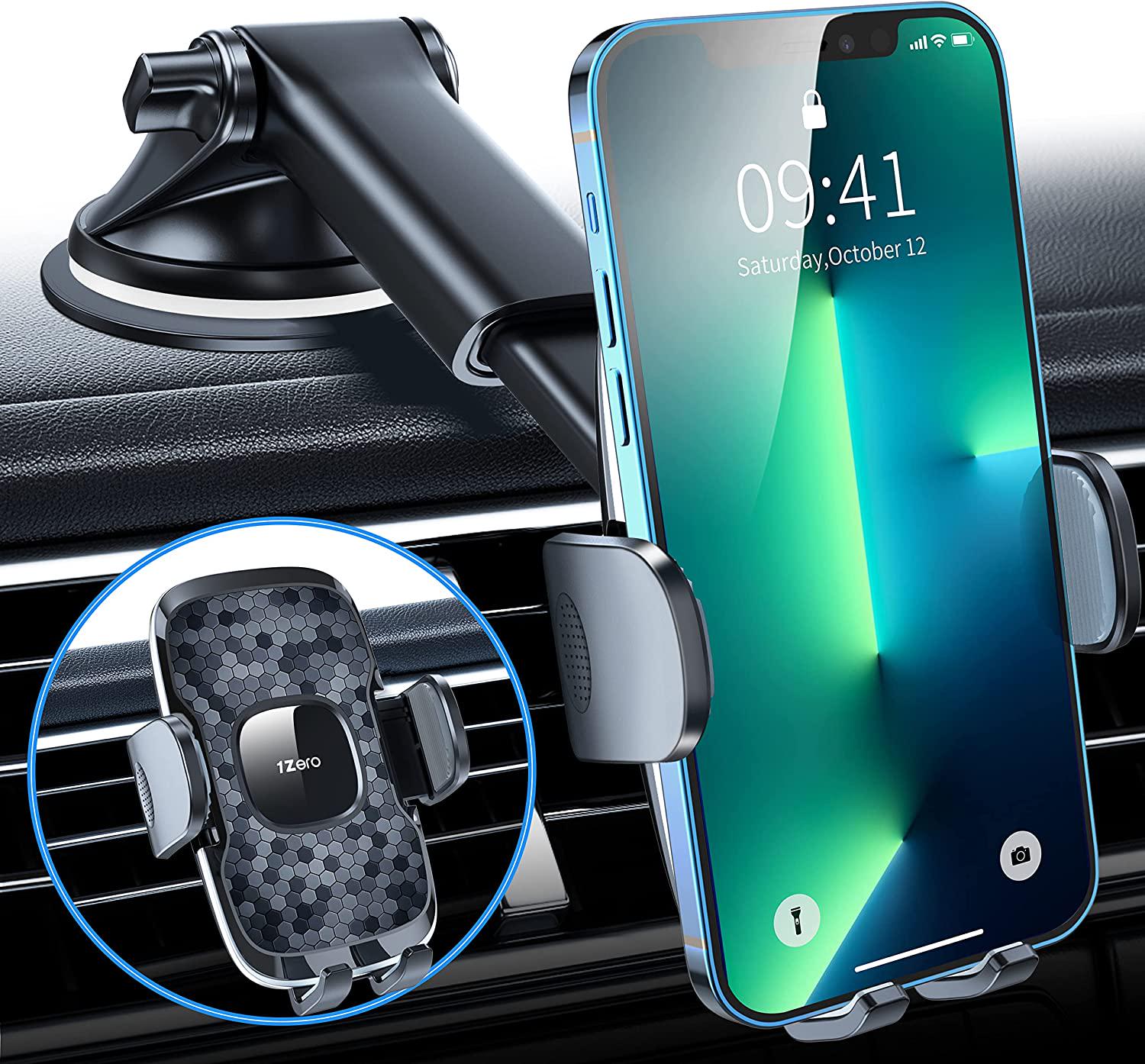 1Zero, [Anti-High Temp and No Melting] 1Zero Phone Mount for Car, 3 in 1 Universal Dashboard Windshield Vent Car Phone Holder Mount, Strong Suction Car Cell Phone Holder for iPhone Samsung All 4.3-7 Phones